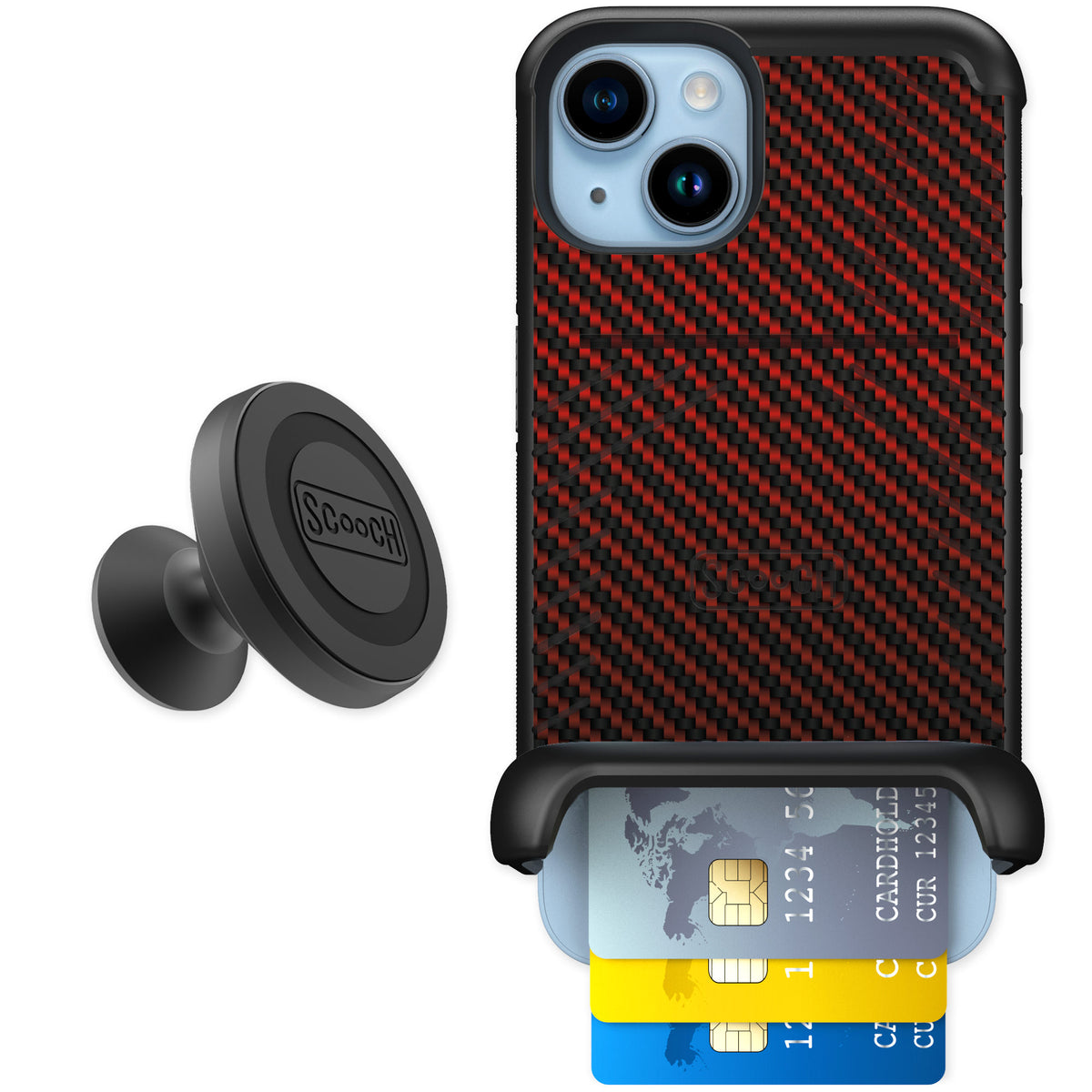 Scooch Wingmate Red Carbon Fiber for iPhone 14 — Starter Bundle