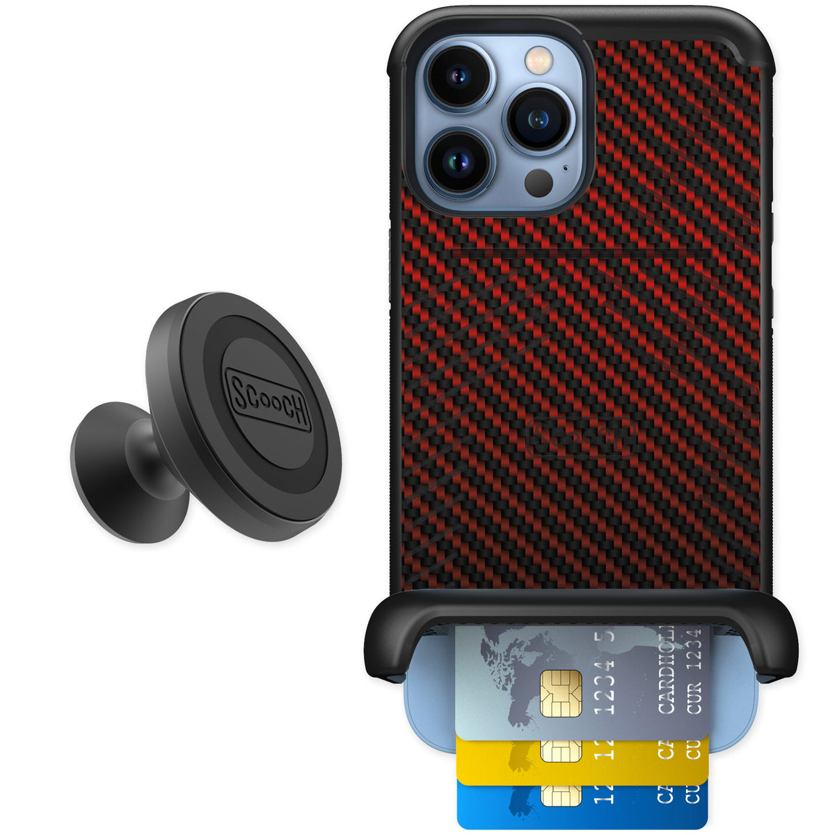 Scooch Wingmate Red Carbon Fiber for iPhone 13 Pro Max — Starter Bundle