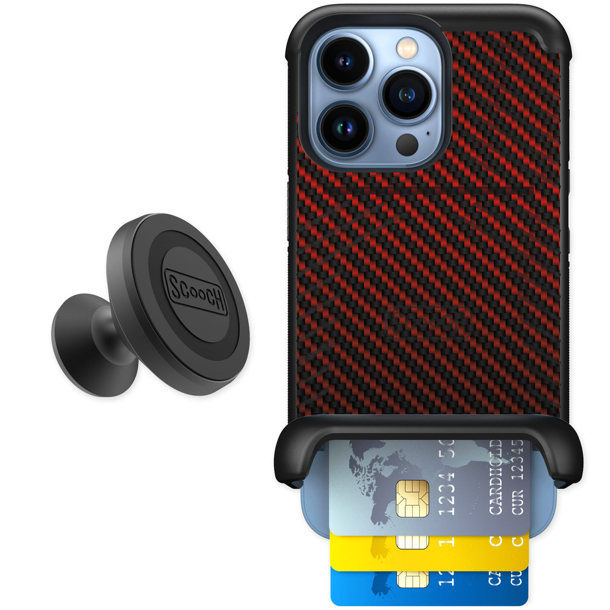 Scooch Wingmate Red Carbon Fiber for iPhone 13 Pro — Starter Bundle