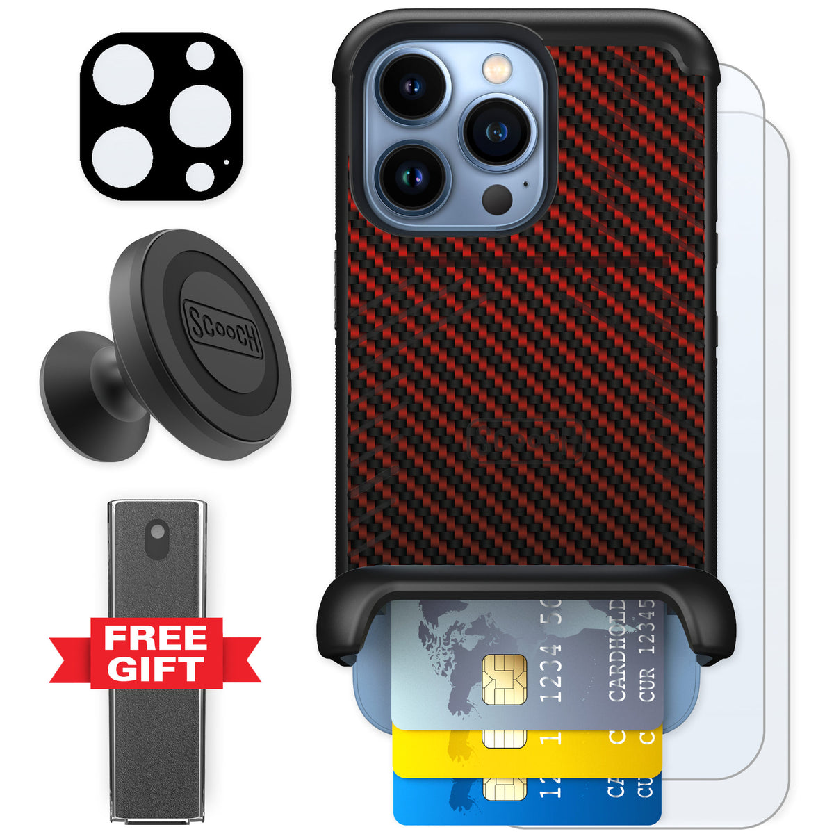 Scooch Wingmate Red Carbon Fiber for iPhone 13 Pro — Defender Bundle