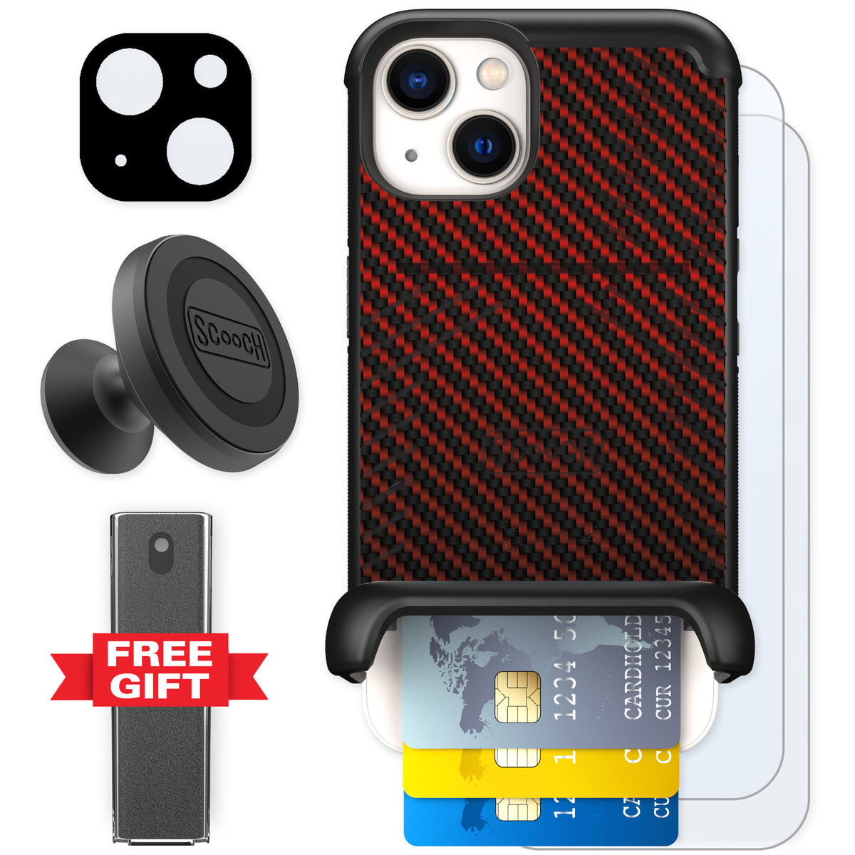 Scooch Wingmate Red Carbon Fiber for iPhone 13 — Defender Bundle