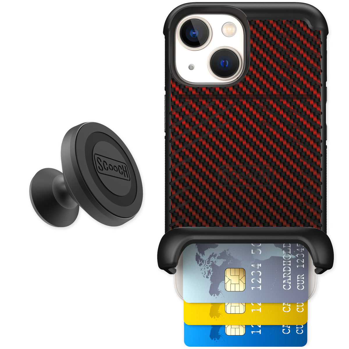 Scooch Wingmate Red Carbon Fiber for iPhone 13 mini — Starter Bundle