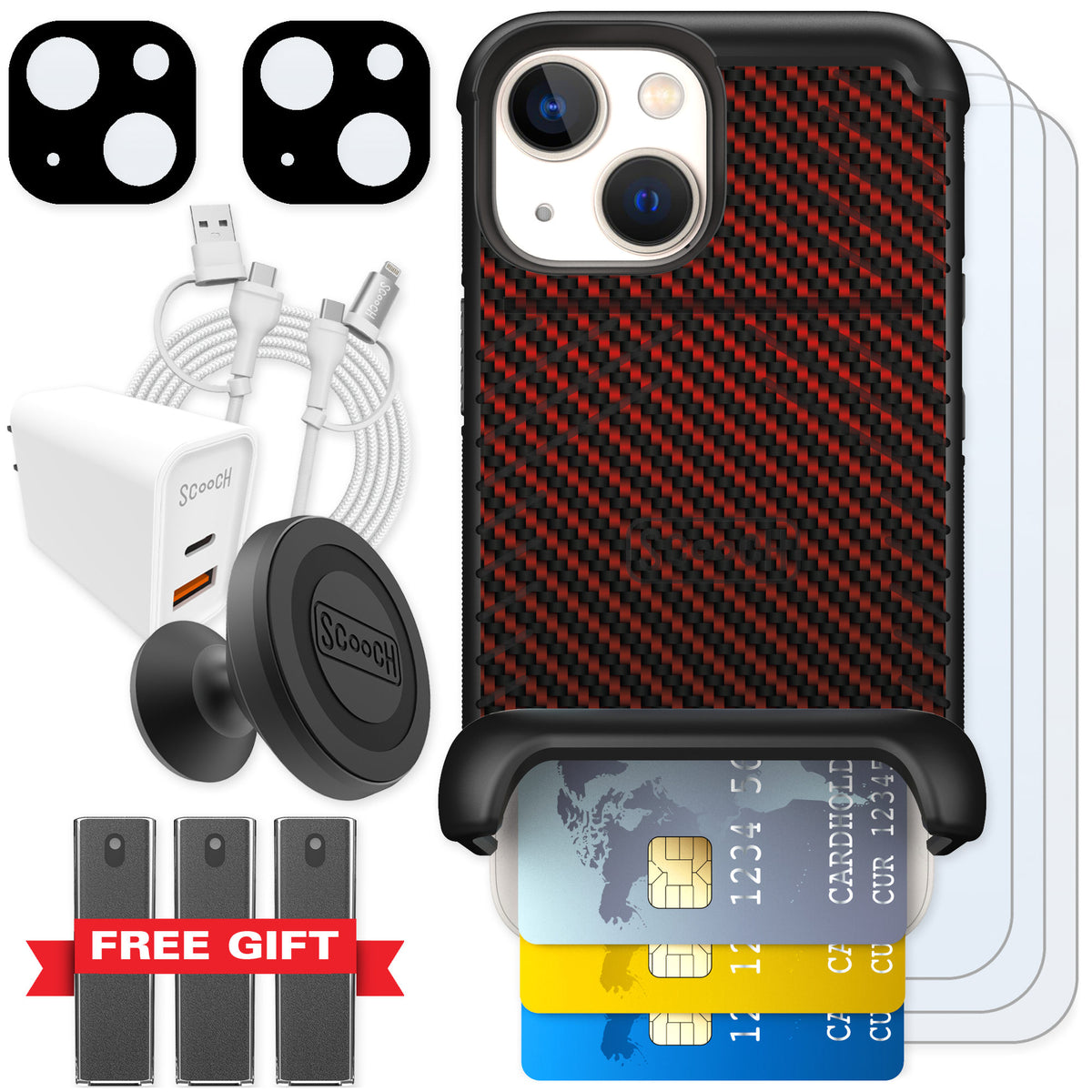 Scooch Wingmate Red Carbon Fiber for iPhone 13 mini — Ultimate Bundle