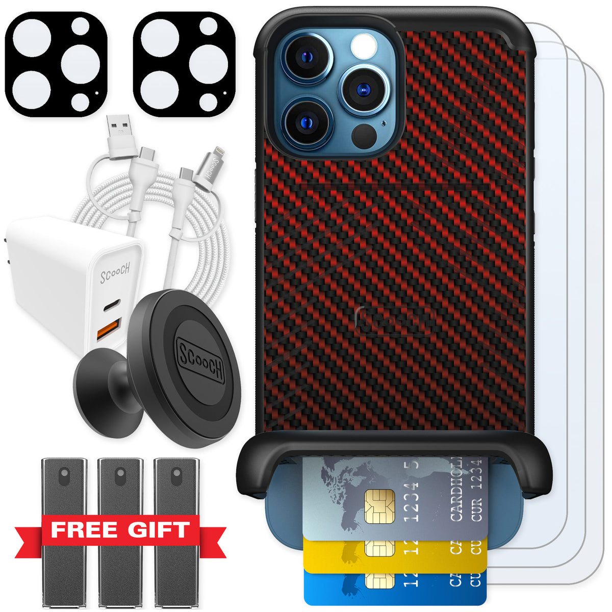 Scooch Wingmate Red Carbon Fiber for iPhone 12 Pro — Ultimate Bundle