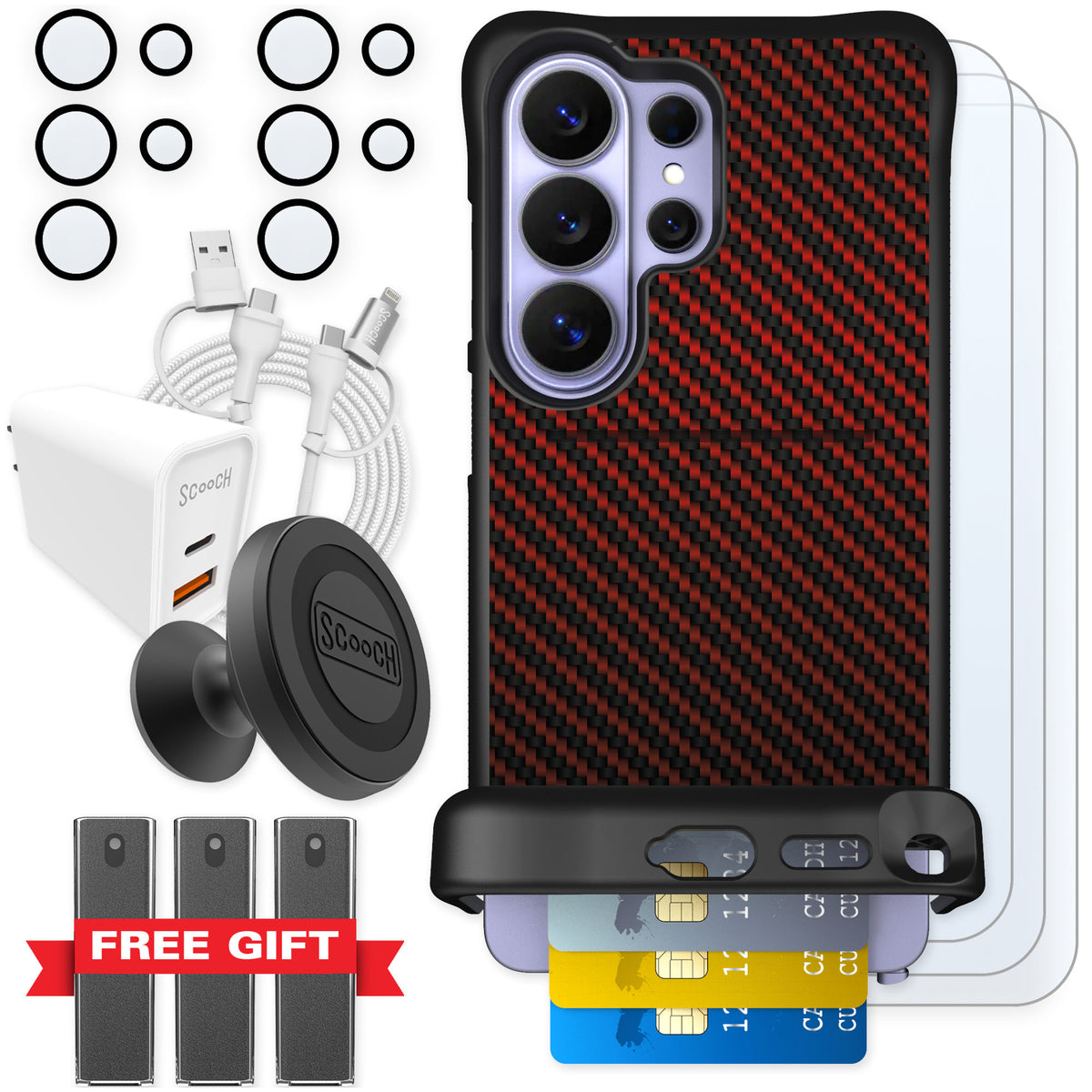 Scooch Wingmate Red Carbon Fiber for Galaxy S26 Ultra — Ultimate Bundle