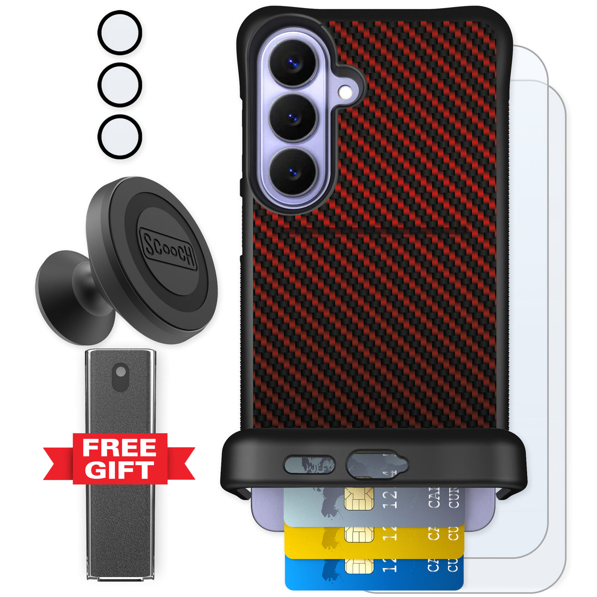 Scooch Wingmate Red Carbon Fiber for Galaxy S26+ — Defender Bundle