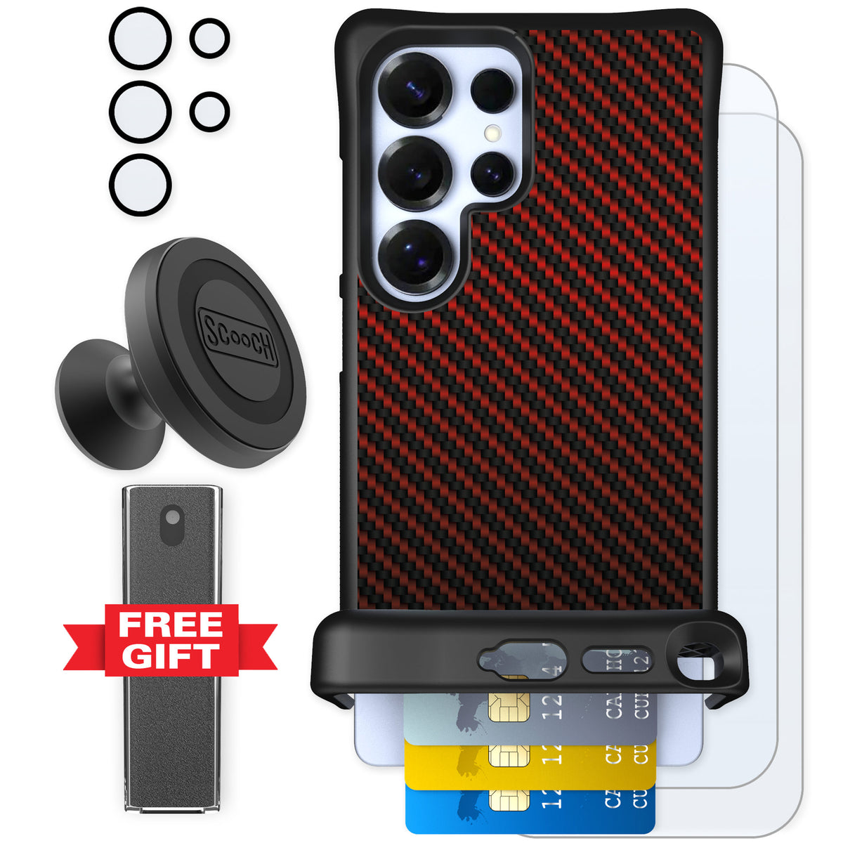 Scooch Wingmate Red Carbon Fiber for Galaxy S25 Ultra — Defender Bundle