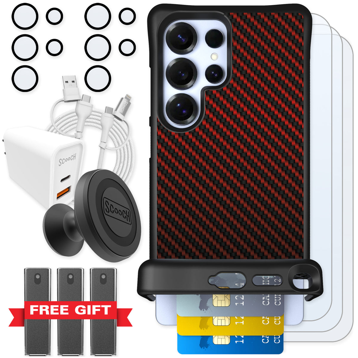 Scooch Wingmate Red Carbon Fiber for Galaxy S25 Ultra — Ultimate Bundle