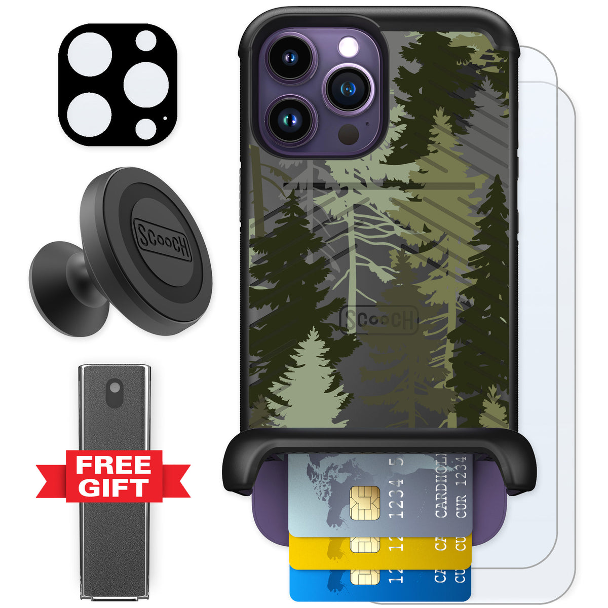 Scooch Wingmate Hidden Pines for iPhone 14 Pro Max — Defender Bundle