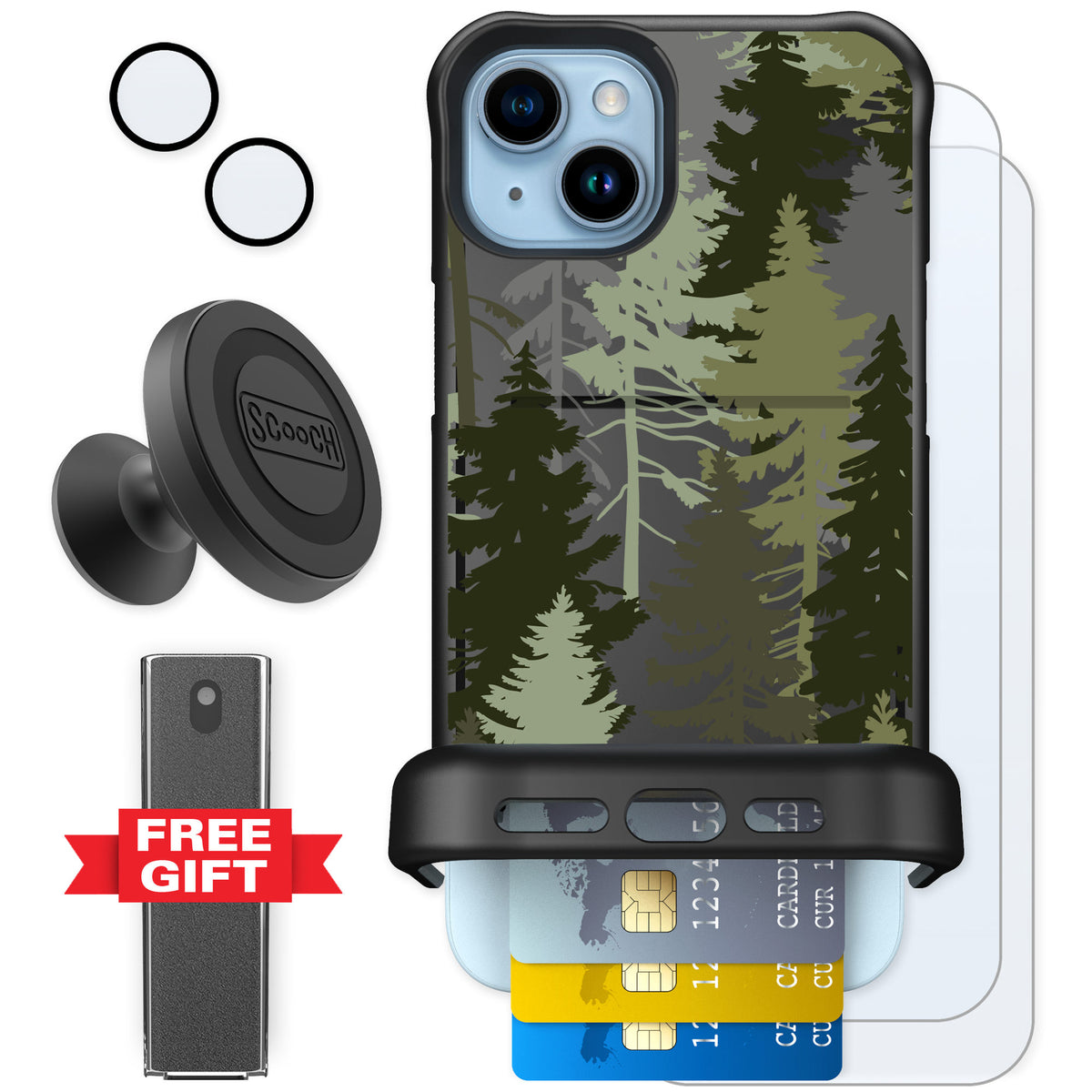 Scooch Wingmate Hidden Pines for iPhone 14 Plus — Defender Bundle