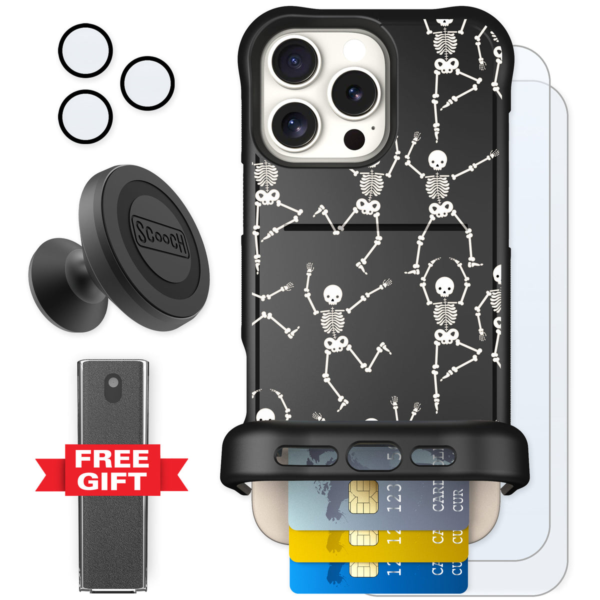 Scooch Wingmate Swinging Skeletons for iPhone 16 Pro Max — Defender Bundle