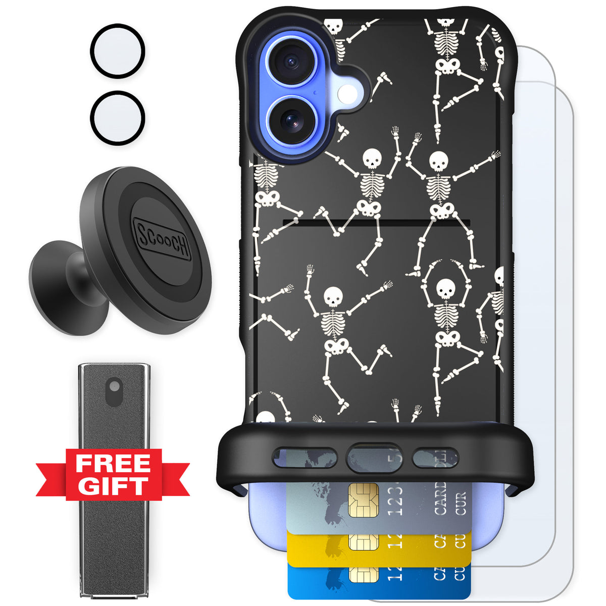 Scooch Wingmate Swinging Skeletons for iPhone 16 Plus — Defender Bundle