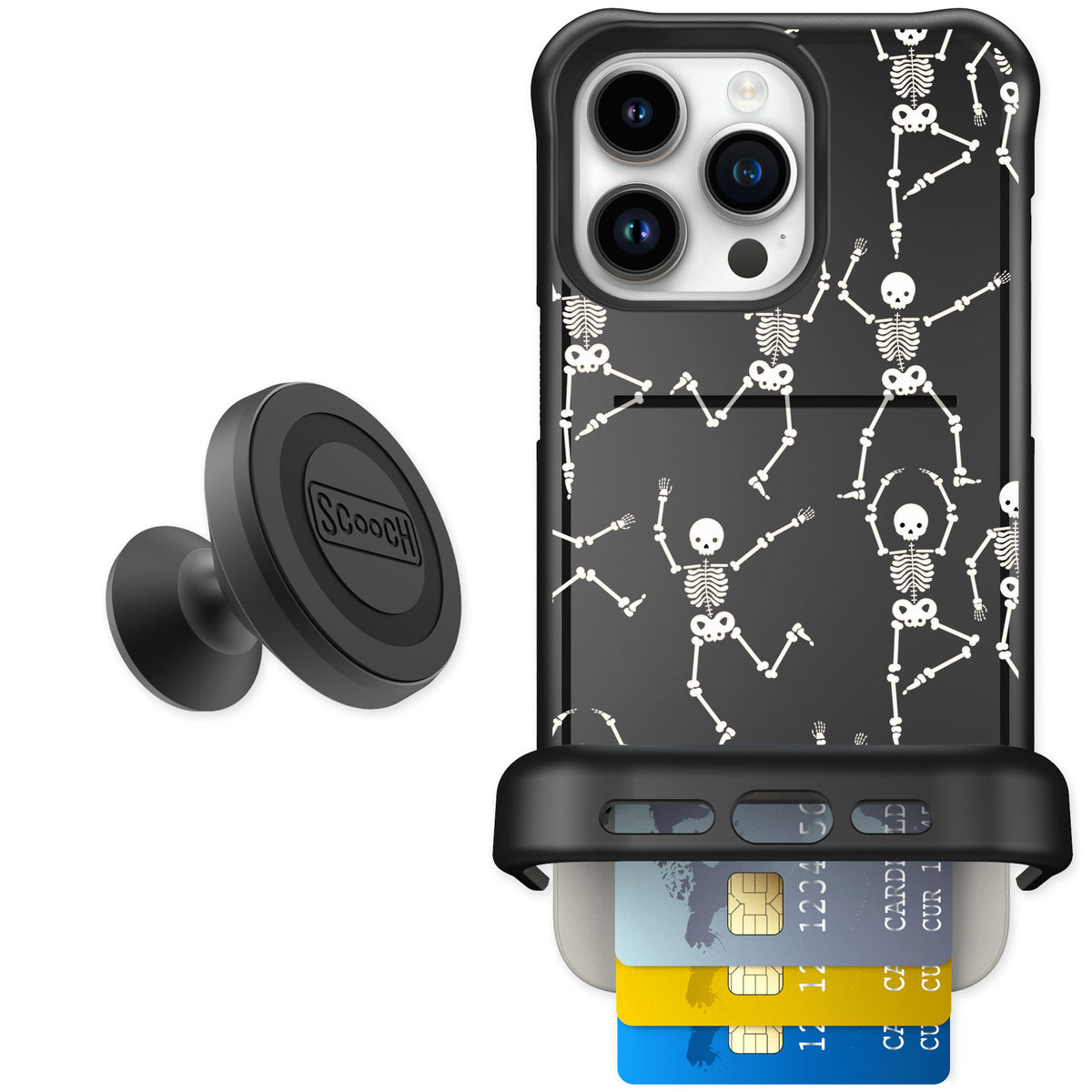 Scooch Wingmate Swinging Skeletons for iPhone 15 Pro Max — Starter Bundle