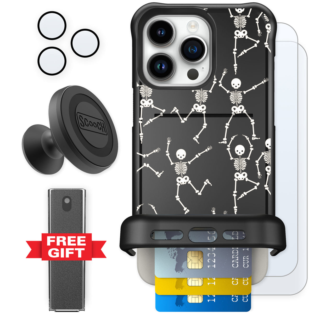 Scooch Wingmate Swinging Skeletons for iPhone 15 Pro Max — Defender Bundle