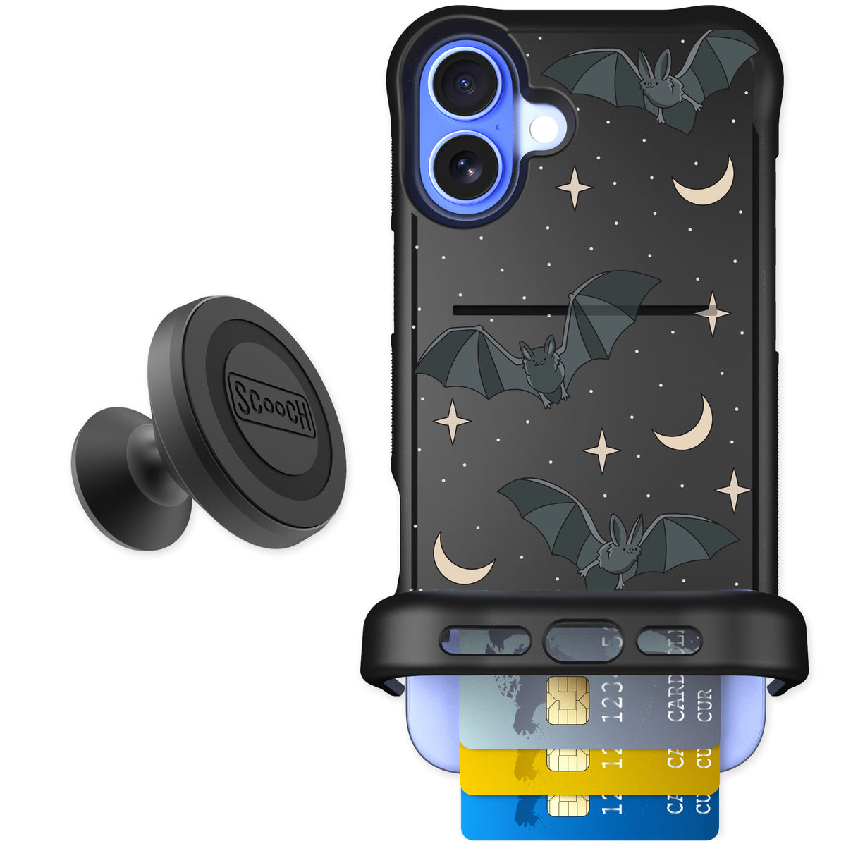 Scooch Wingmate Batty Skies for iPhone 16 Plus — Starter Bundle