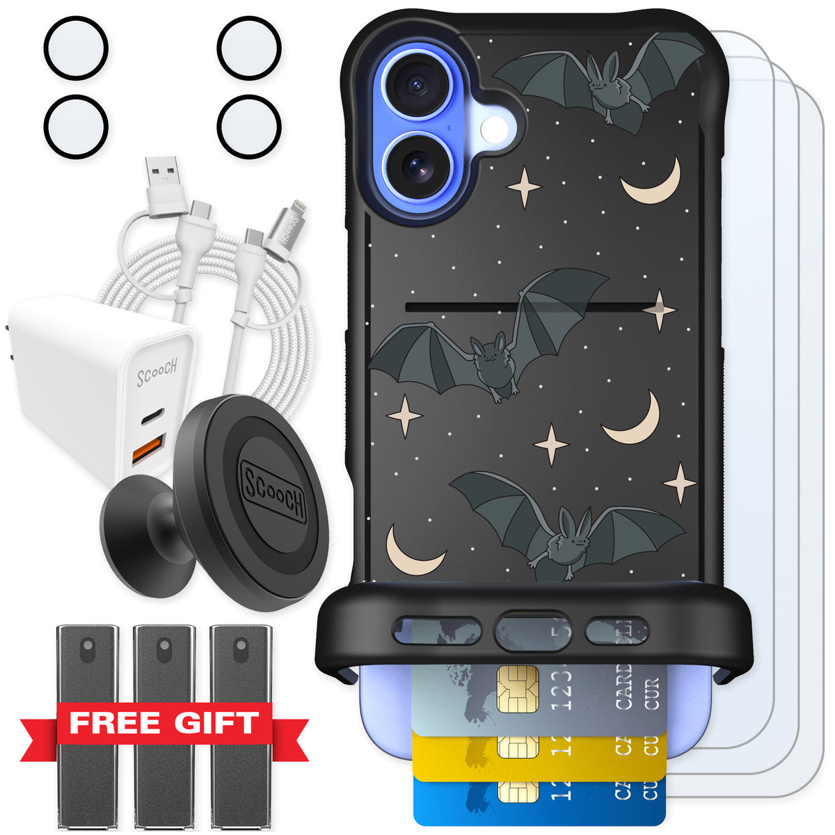 Scooch Wingmate Batty Skies for iPhone 16 Plus — Ultimate Bundle