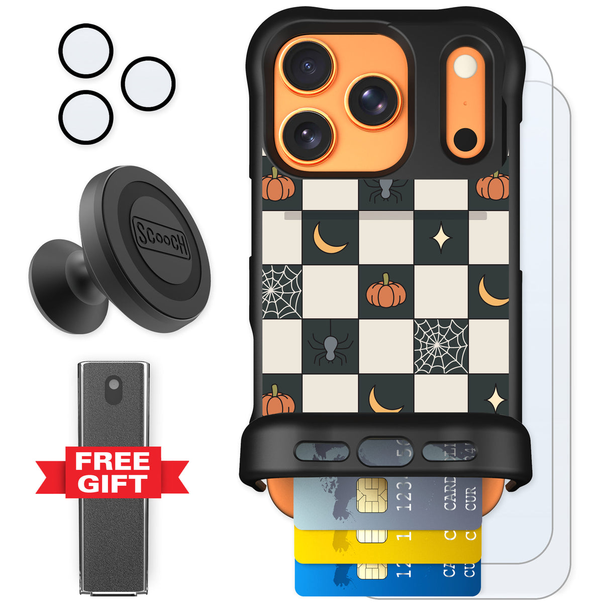 Scooch Wingmate Spooky Squares for iPhone 17 Pro — Defender Bundle