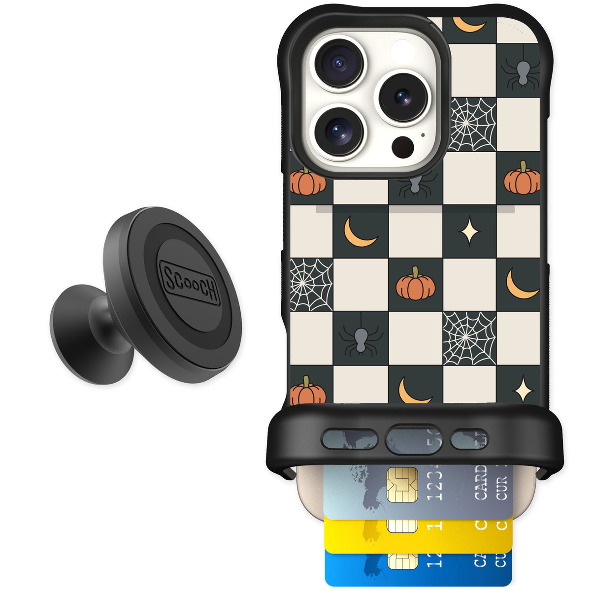 Scooch Wingmate Spooky Squares for iPhone 16 Pro — Starter Bundle