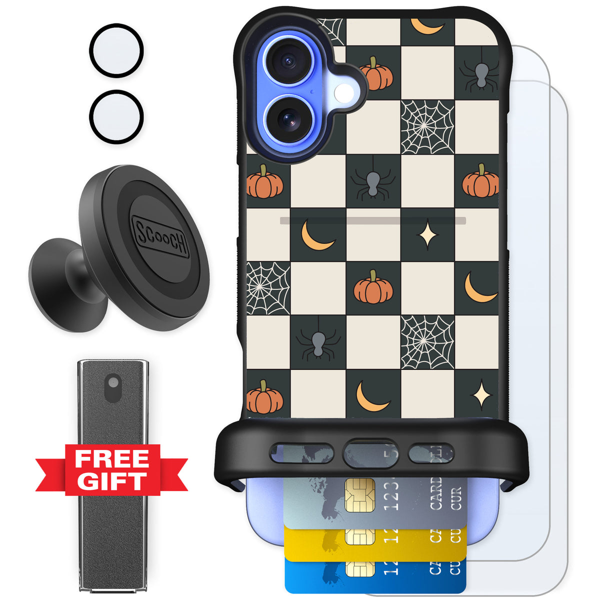 Scooch Wingmate Spooky Squares for iPhone 16 Plus — Defender Bundle