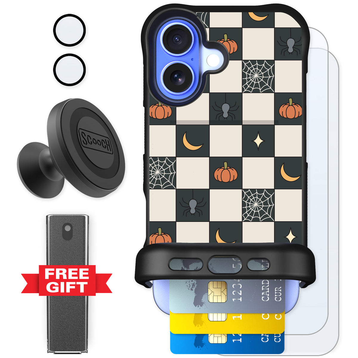 Scooch Wingmate Spooky Squares for iPhone 16 — Defender Bundle