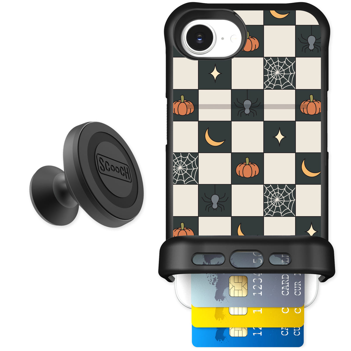 Scooch Wingmate Spooky Squares for iPhone 16e — Starter Bundle