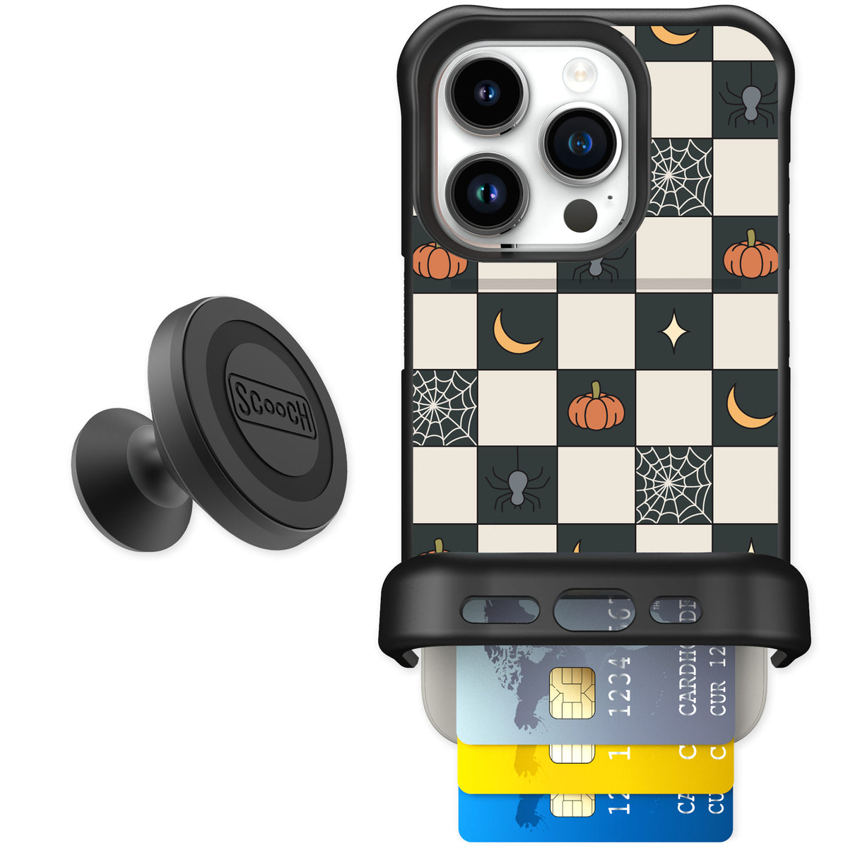 Scooch Wingmate Spooky Squares for iPhone 15 Pro — Starter Bundle