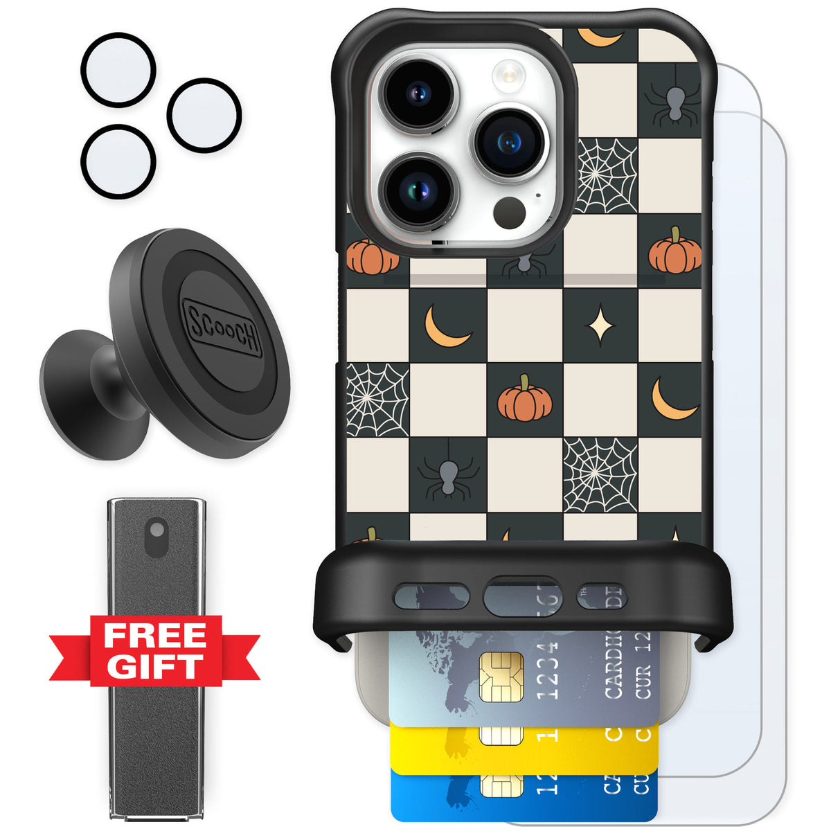 Scooch Wingmate Spooky Squares for iPhone 15 Pro — Defender Bundle