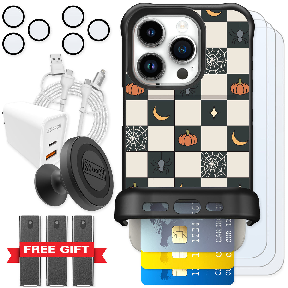 Scooch Wingmate Spooky Squares for iPhone 15 Pro — Ultimate Bundle