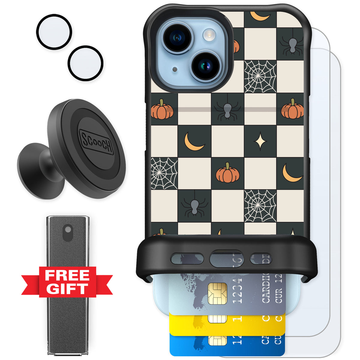 Scooch Wingmate Spooky Squares for iPhone 15 — Defender Bundle