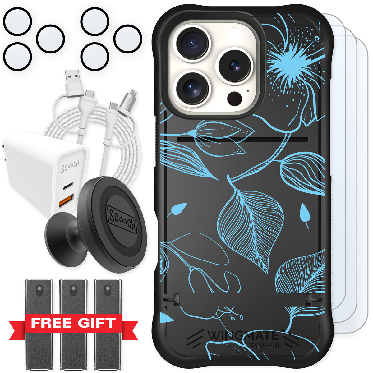 Scooch Wingmate Blue Hibiscus for iPhone 16 Pro — Ultimate Bundle