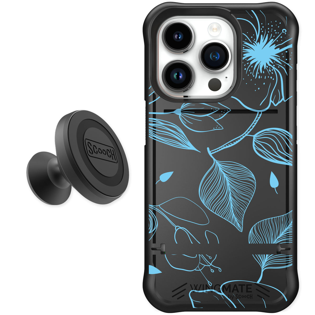 Scooch Wingmate Blue Hibiscus for iPhone 15 Pro — Starter Bundle