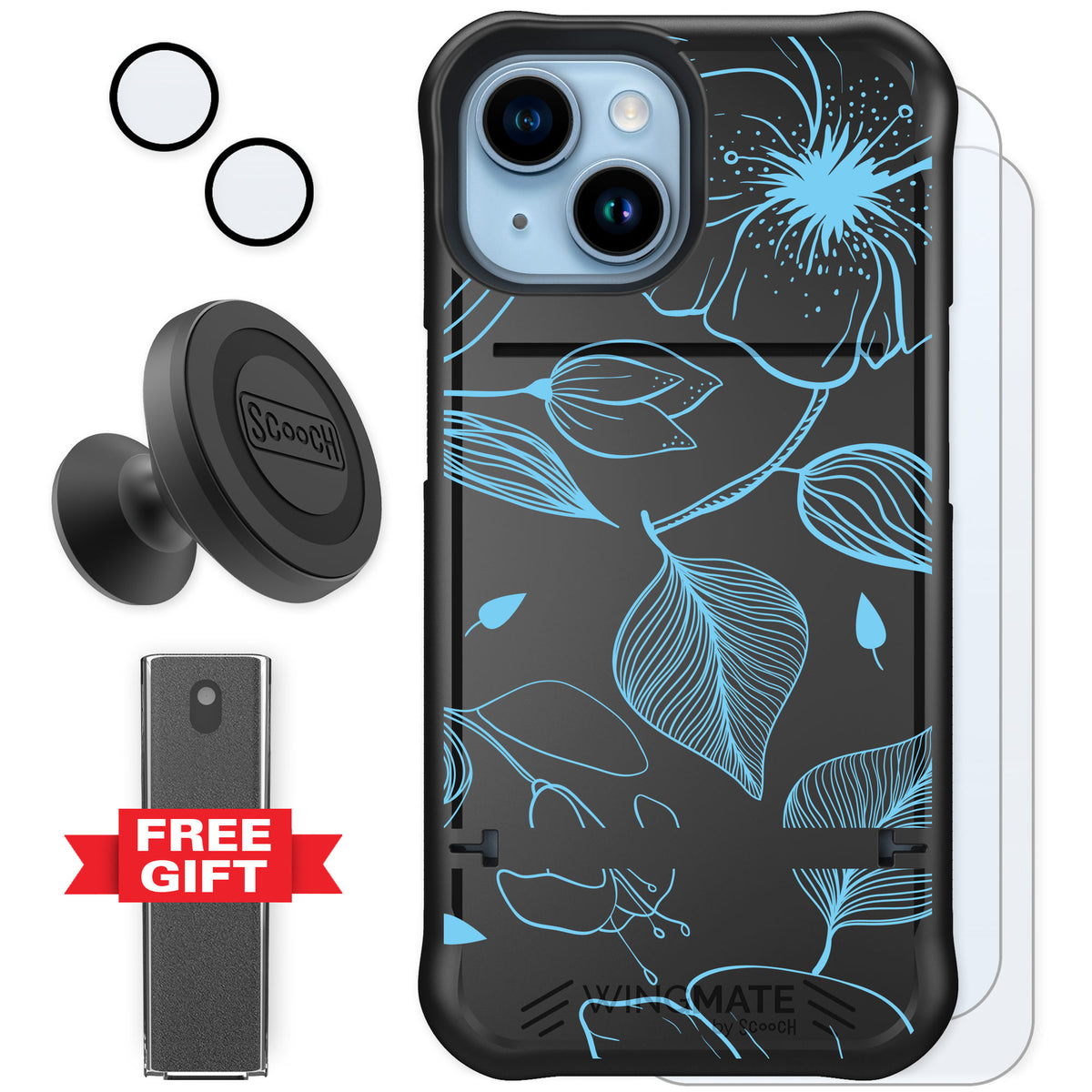 Scooch Wingmate Blue Hibiscus for iPhone 15 — Defender Bundle
