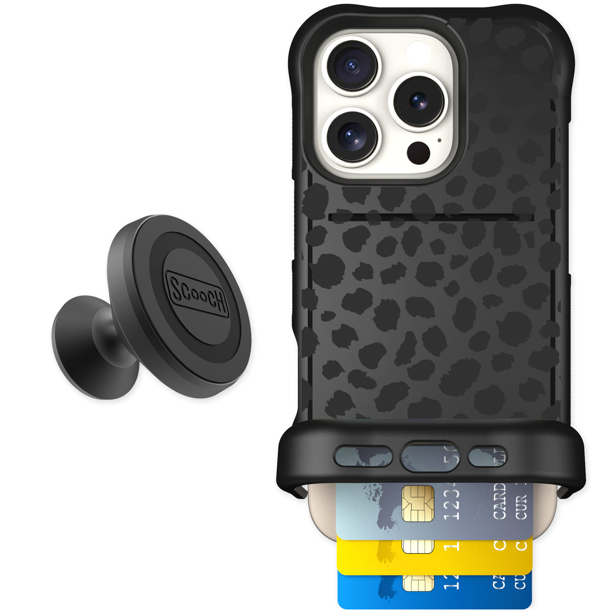 Scooch Wingmate Black Leopard for iPhone 16 Pro — Starter Bundle