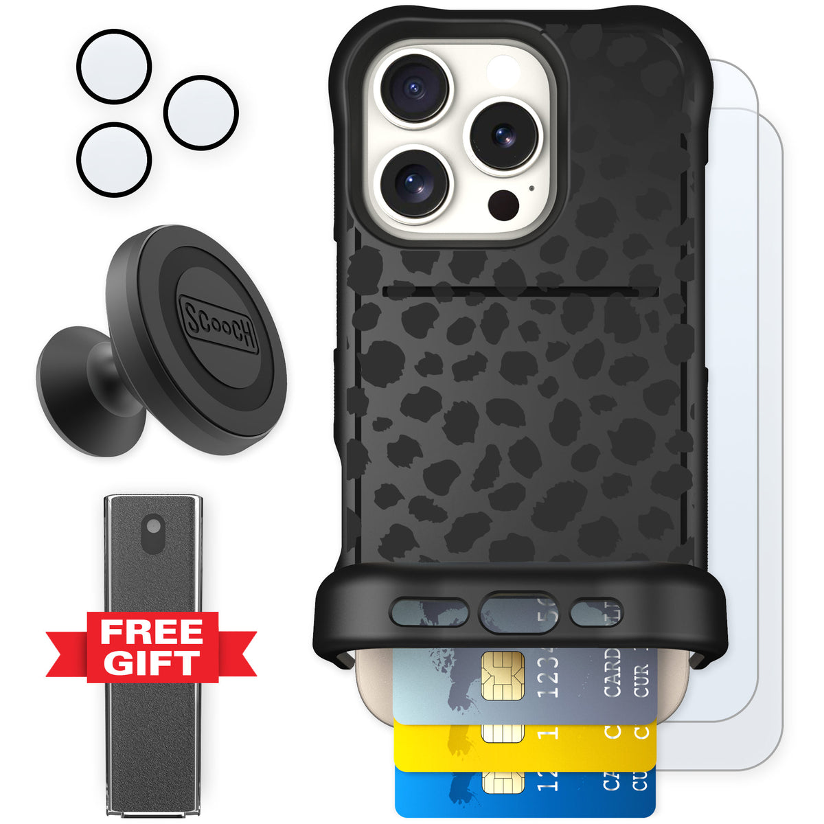 Scooch Wingmate Black Leopard for iPhone 16 Pro — Defender Bundle