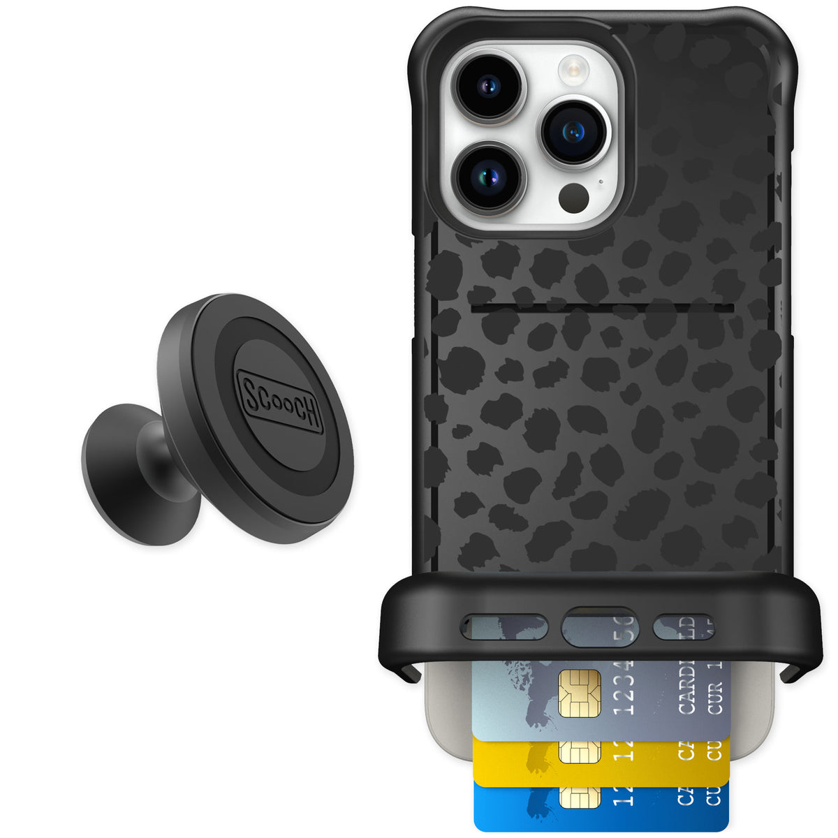 Scooch Wingmate Black Leopard for iPhone 15 Pro Max — Starter Bundle