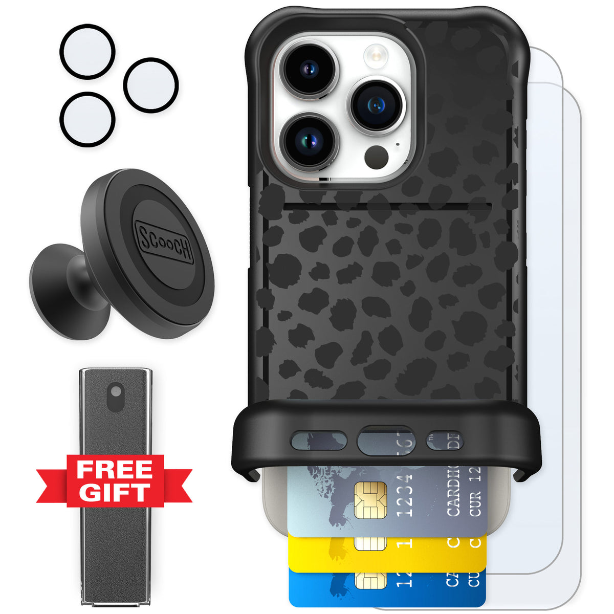 Scooch Wingmate Black Leopard for iPhone 15 Pro — Defender Bundle
