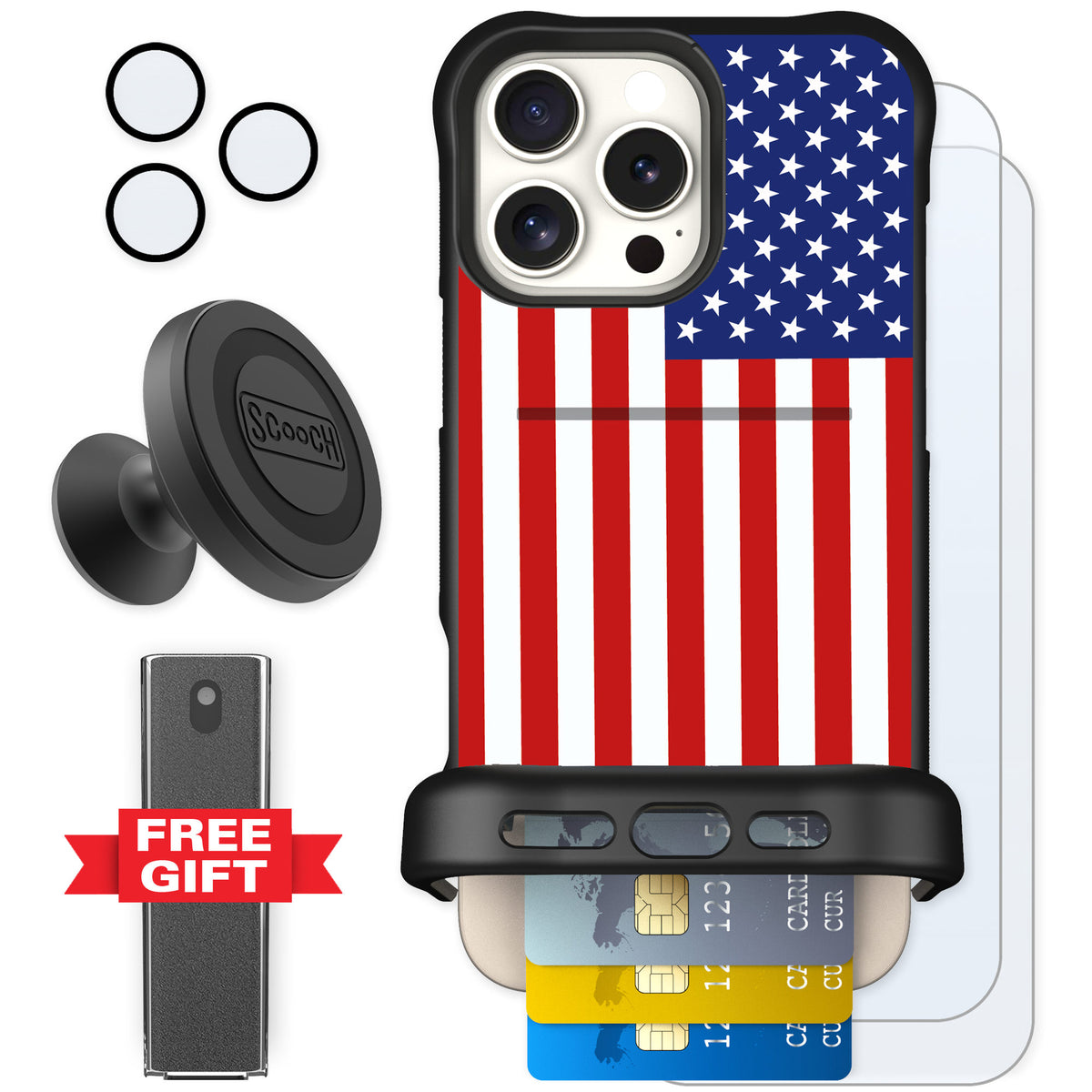 Scooch Wingmate Stars And Stripes for iPhone 16 Pro Max — Defender Bundle
