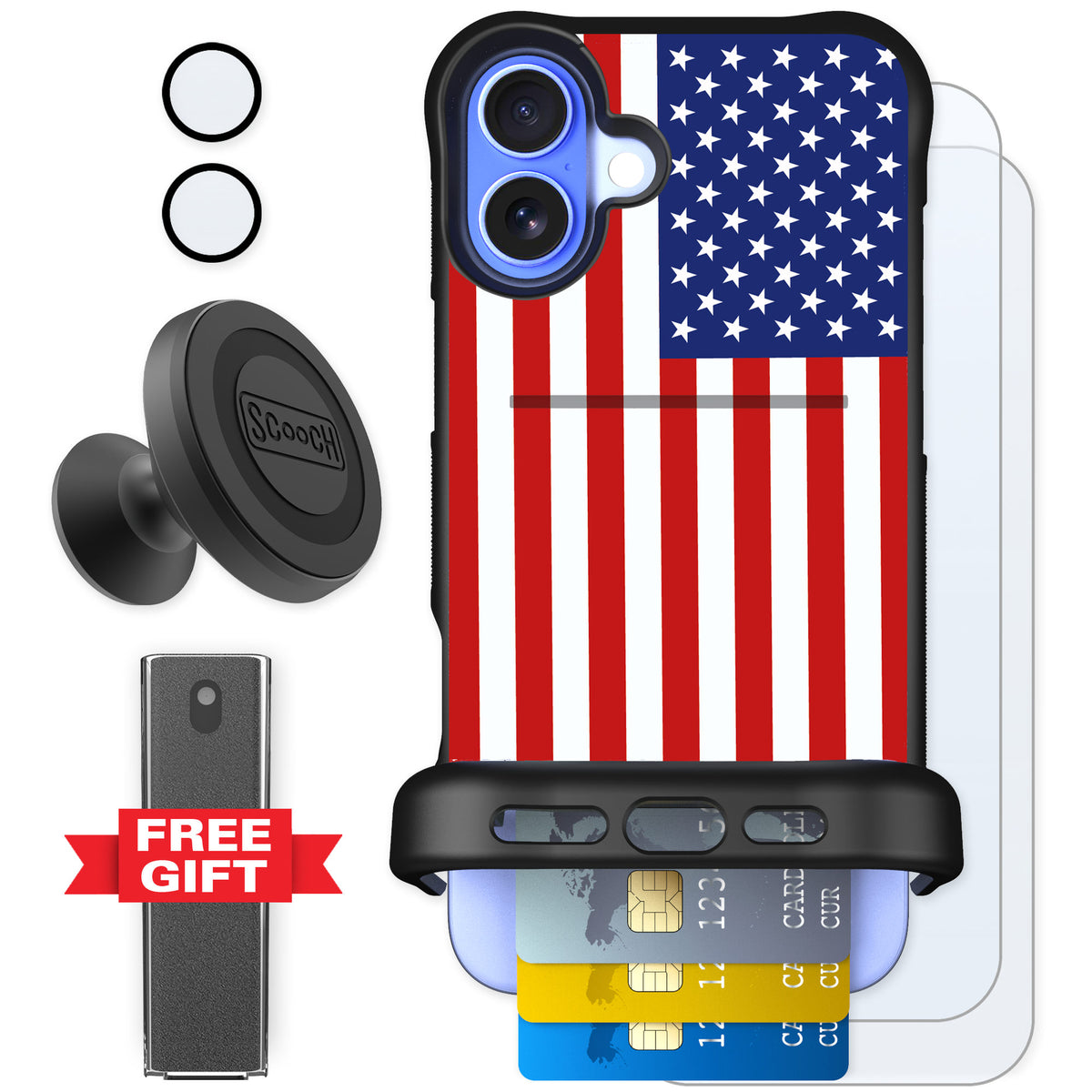 Scooch Wingmate Stars And Stripes for iPhone 16 Plus — Defender Bundle