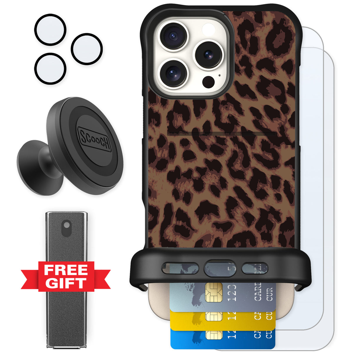 Scooch Wingmate Luxe Leopard for iPhone 16 Pro Max — Defender Bundle