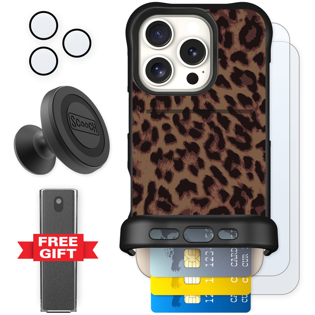 Scooch Wingmate Luxe Leopard for iPhone 16 Pro — Defender Bundle
