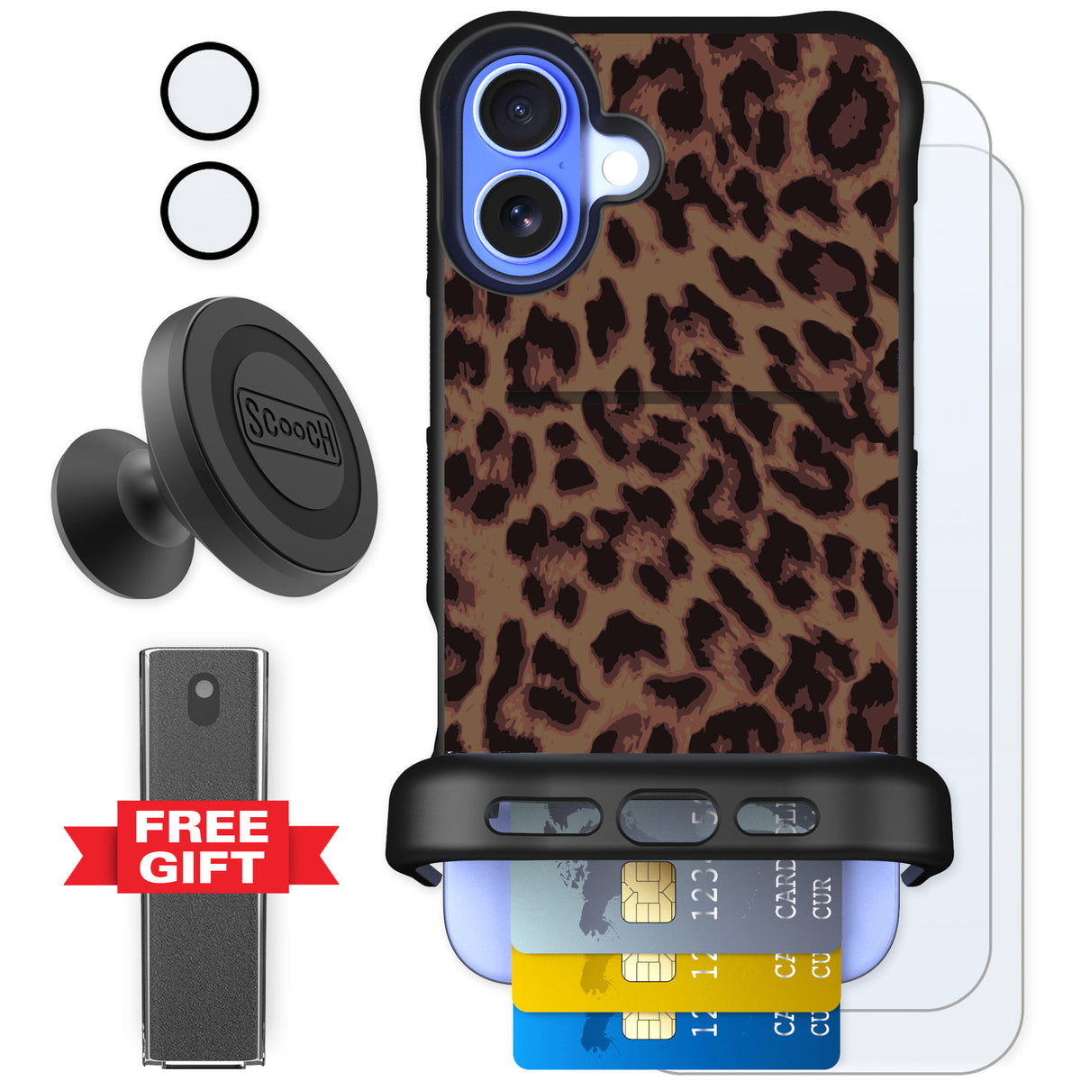 Scooch Wingmate Luxe Leopard for iPhone 16 Plus — Defender Bundle