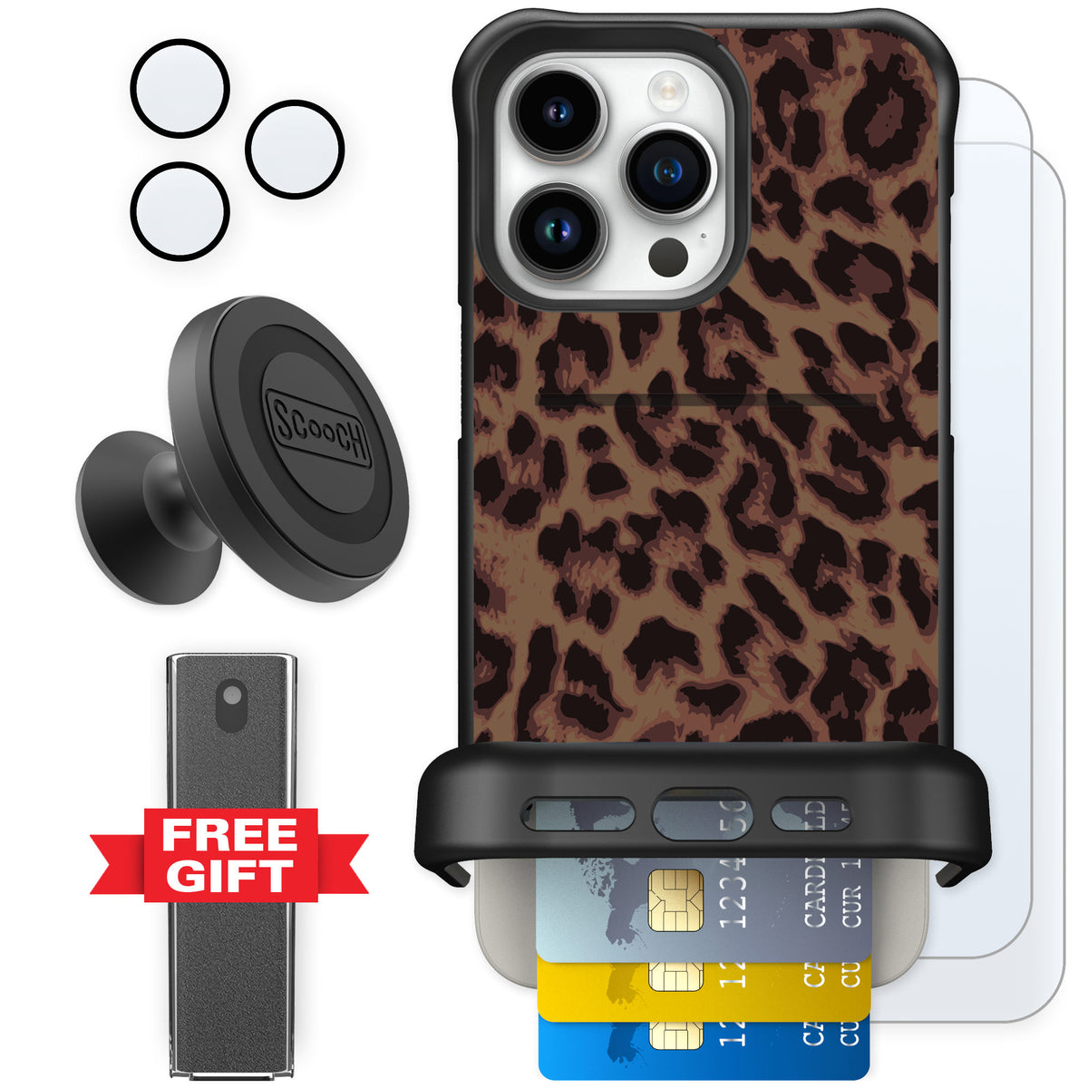 Scooch Wingmate Luxe Leopard for iPhone 15 Pro Max — Defender Bundle