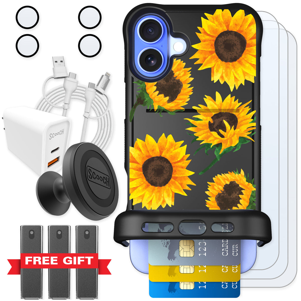 Scooch Wingmate Sunflower Frenzy for iPhone 16 Plus — Ultimate Bundle