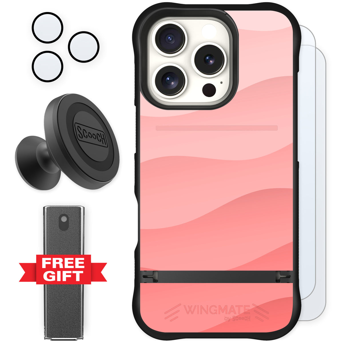 Scooch Wingmate Pink Waves for iPhone 16 Pro — Defender Bundle