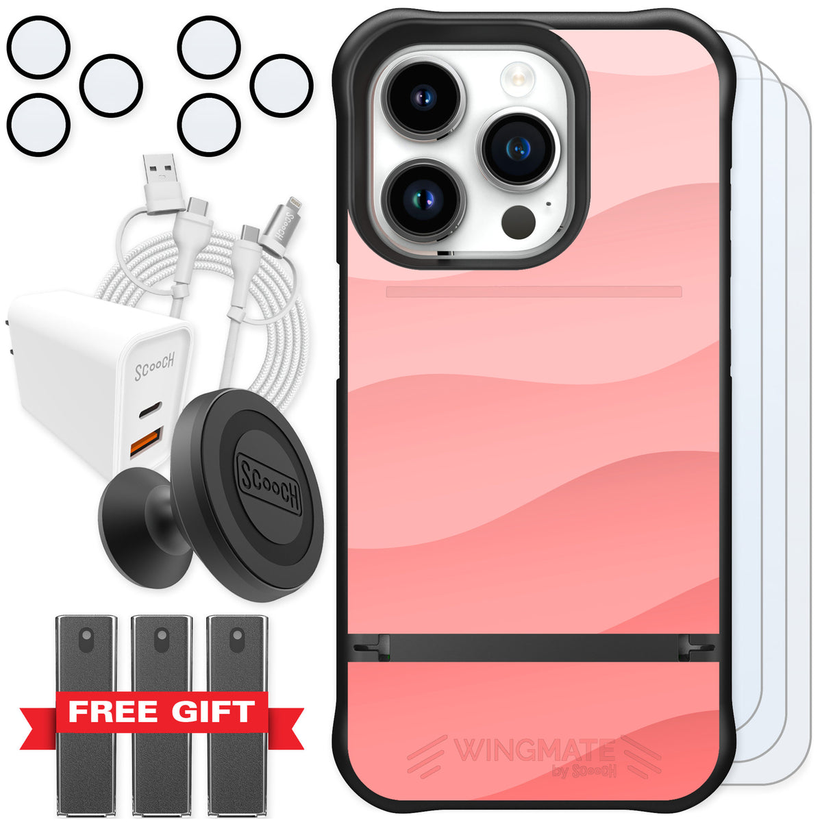 Scooch Wingmate Pink Waves for iPhone 15 Pro — Ultimate Bundle