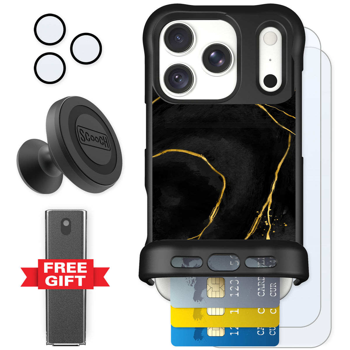 Scooch Wingmate Black Marble for iPhone 18 Pro — Defender Bundle