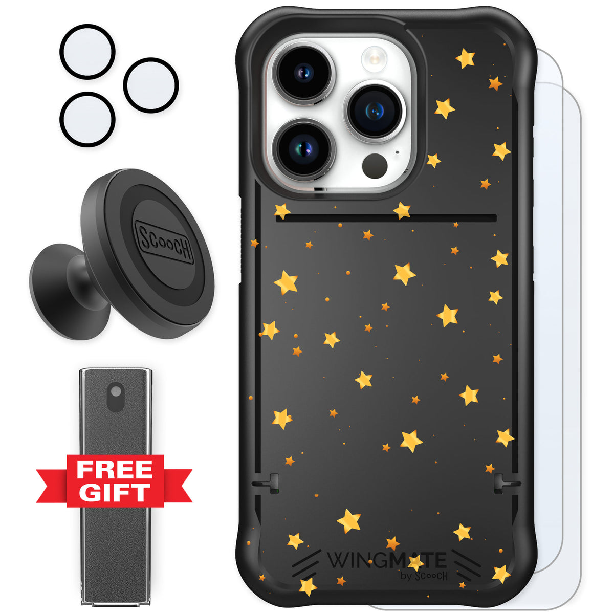 Scooch Wingmate Gold Stars for iPhone 15 Pro — Defender Bundle