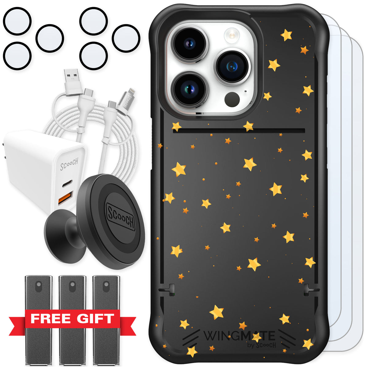 Scooch Wingmate Gold Stars for iPhone 15 Pro — Ultimate Bundle
