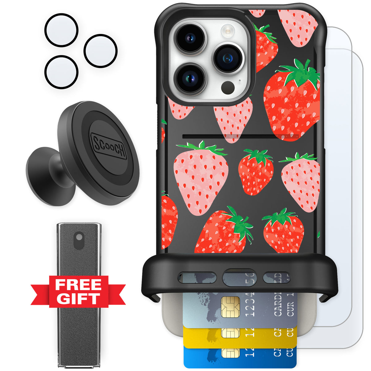 Scooch Wingmate Strawberry Fields for iPhone 15 Pro Max — Defender Bundle