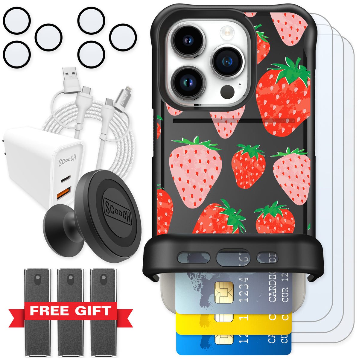 Scooch Wingmate Strawberry Fields for iPhone 15 Pro — Ultimate Bundle